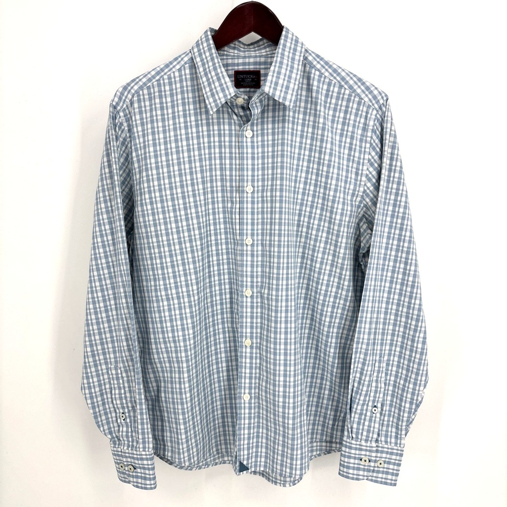 UnTuckit Wrinkle Free Men's Size L Blue Plaid Long Sleeve Button Up Shirt